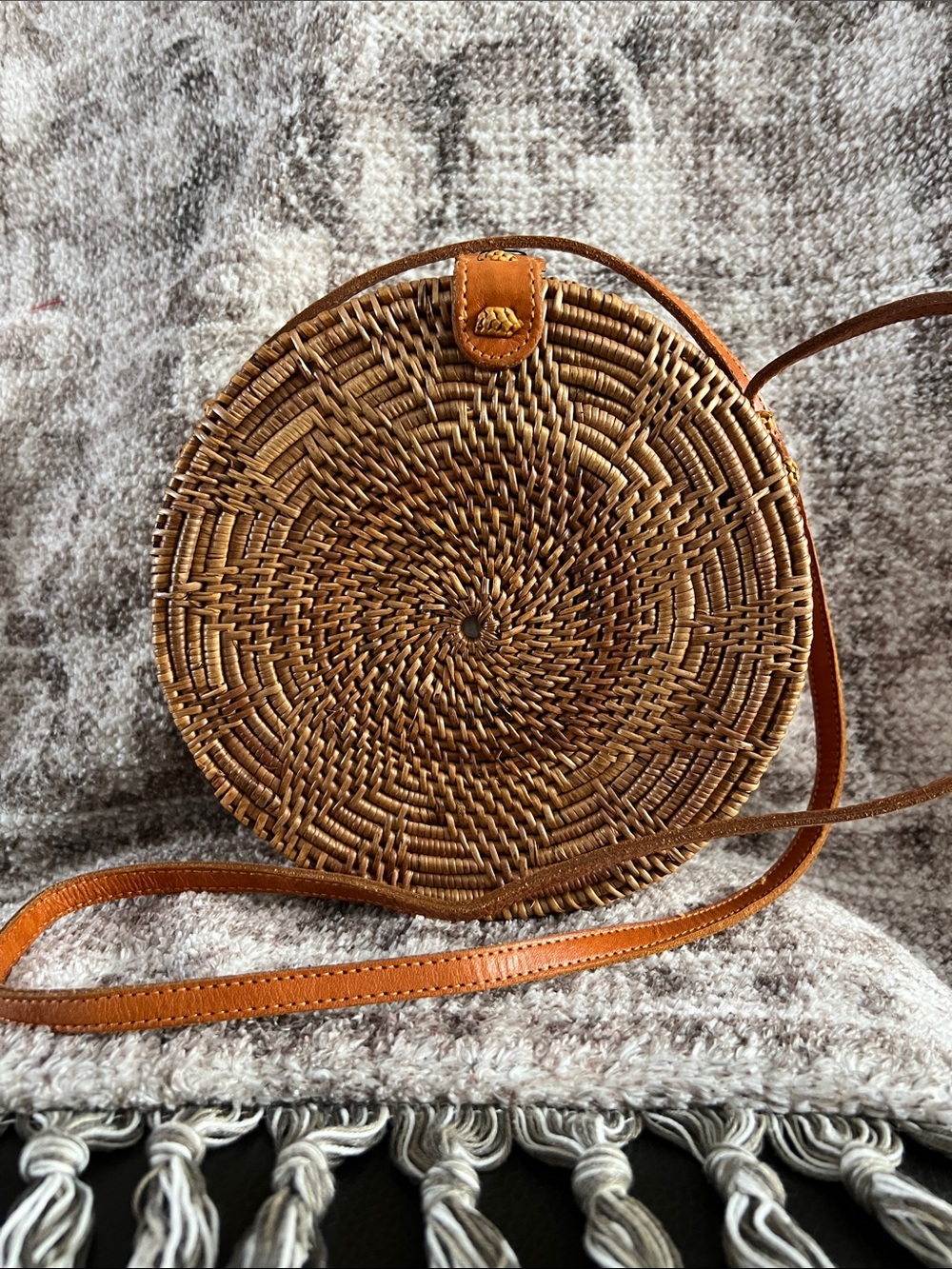 Round Woven Crossbody Bag in Brown